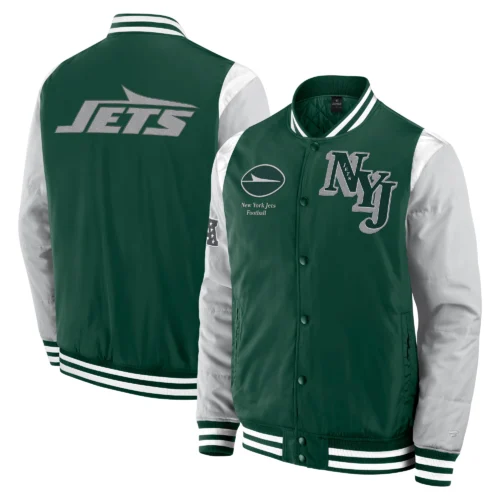 New York Jets Elements Elite Green/Grey Full-Snap Satin Varsity Jacket - Image 3