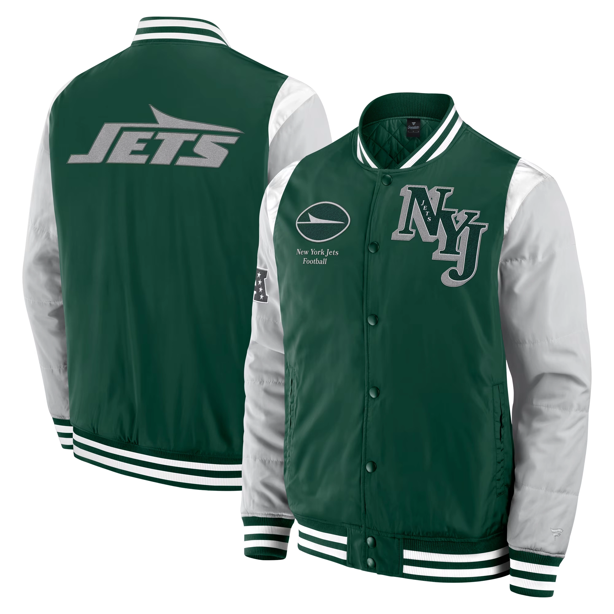 New York Jets Elements Elite Green/Grey Full-Snap Satin Varsity Jacket - Image 3