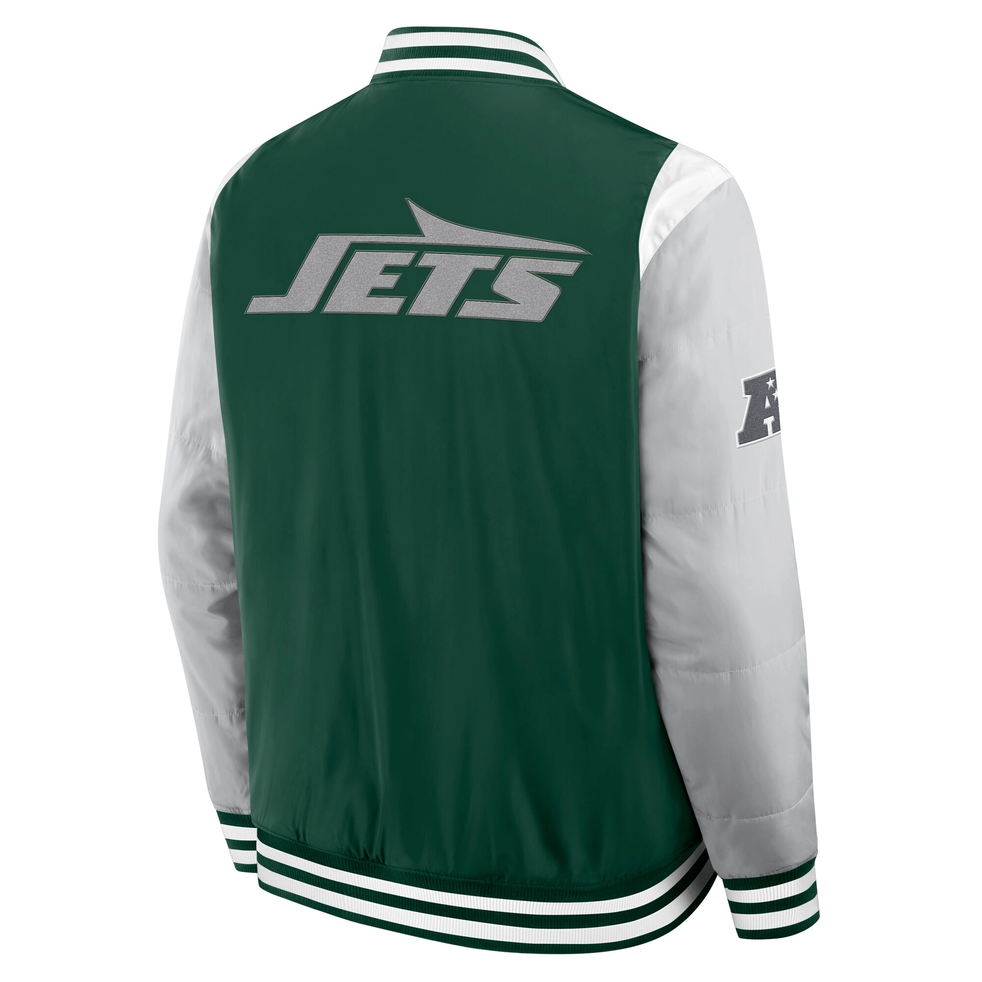 New York Jets Elements Elite Green/Grey Full-Snap Satin Varsity Jacket - Image 2