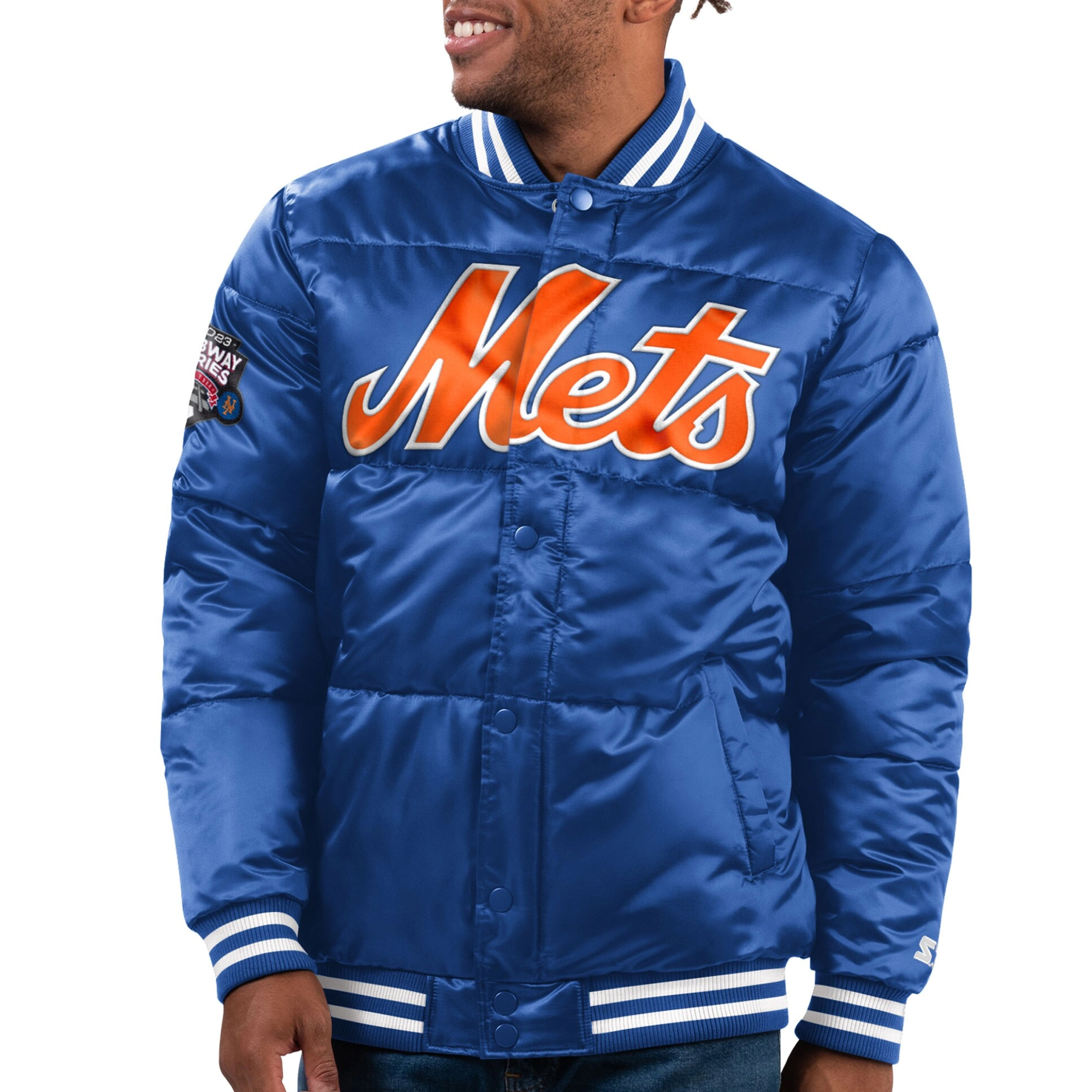 New York Mets Bronx Satin Full Snap Bomber Royal Satin Varsity Jacket