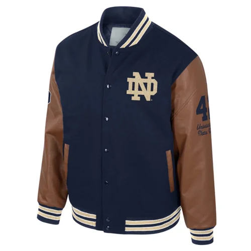 Notre Dame Fighting Irish Colosseum Letterman Wool & Leather Full-Snap Navy/Brown Varsity Jacket