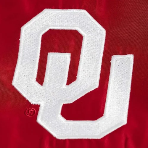 Oklahoma Sooners Vintage Script Bomber Red Satin Varsity Jacket - Image 3