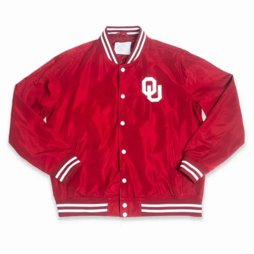 Oklahoma Sooners Vintage Script Bomber Red Satin Varsity Jacket