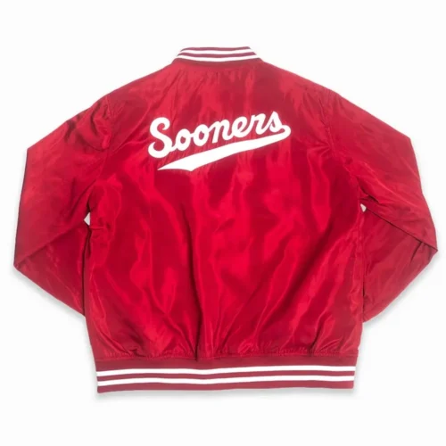 Alternative view of Oklahoma Sooners Vintage Script Bomber Red Satin Varsity Jacket