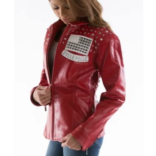 Pelle Pelle Women’s Americana Red Plush Studded Leather Jacket