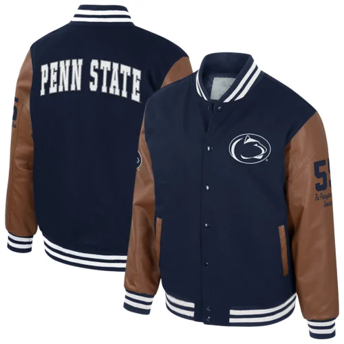 Penn State Nittany Lions Colosseum Letterman Wool & Leather Full-Snap Navy/Brown Varsity Jacket - Image 3