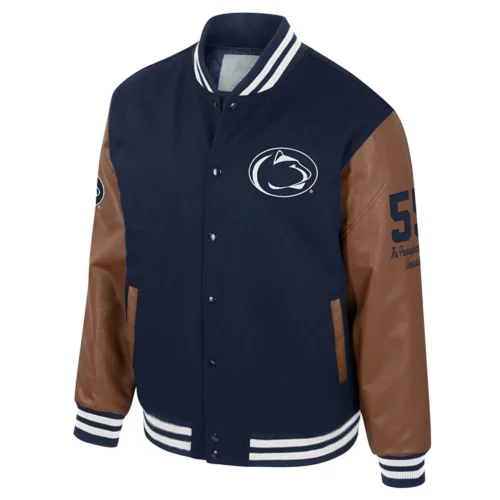 Penn State Nittany Lions Colosseum Letterman Wool & Leather Full-Snap Navy/Brown Varsity Jacket