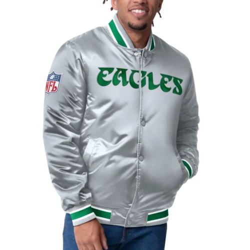 Philadelphia Eagles Closer Silver Satin Varsity Jacket