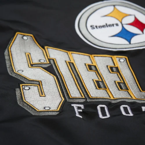 Pittsburgh Steelers Double Down Black Satin Varsity Jacket - Image 5