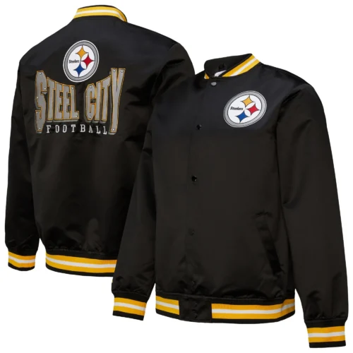 Pittsburgh Steelers Double Down Black Satin Varsity Jacket - Image 6