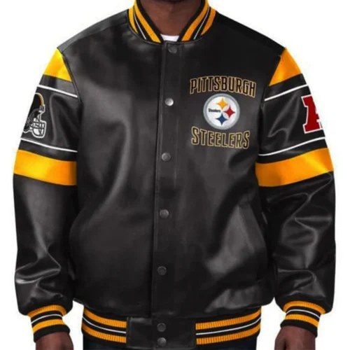 Pittsburgh Steelers Black Full-Snap Leather Bomber Jacket