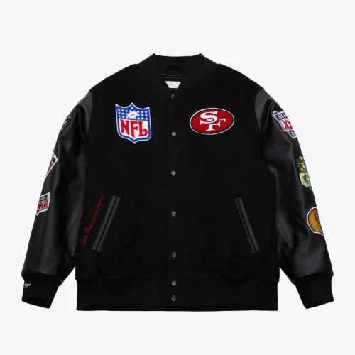 San Francisco 49ers Blackout Vintage Logo Black Wool & Leather Varsity Jacket