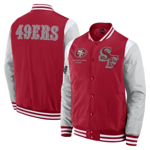 San Francisco 49ers Elements Elite Red/Grey Full-Snap Satin Varsity Jacket - Image 3