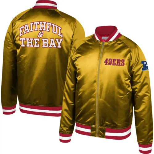 San Francisco 49ers Heavyweight Full-Zip Gold Satin Varsity Jacket - Image 3