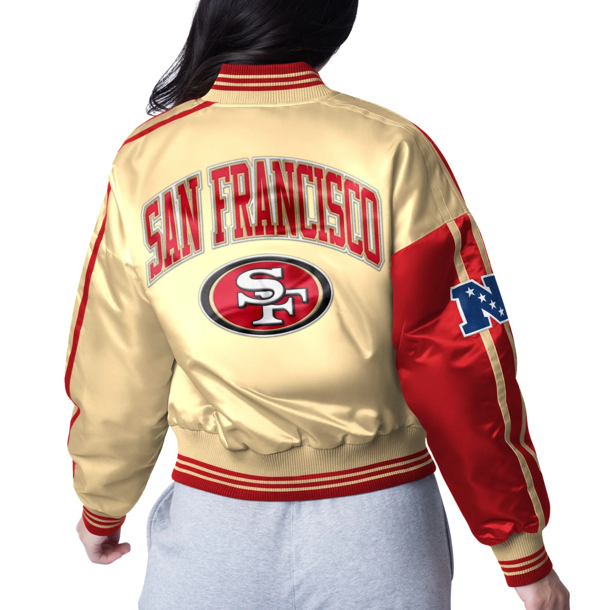 Women's San Francisco 49ers Zone Blitz Cropped Gold/Red Satin Jacket - Image 2
