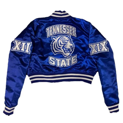 Alternative view of Woman's Tennessee State Tigers Remix Blue Satin Varsity Jacket