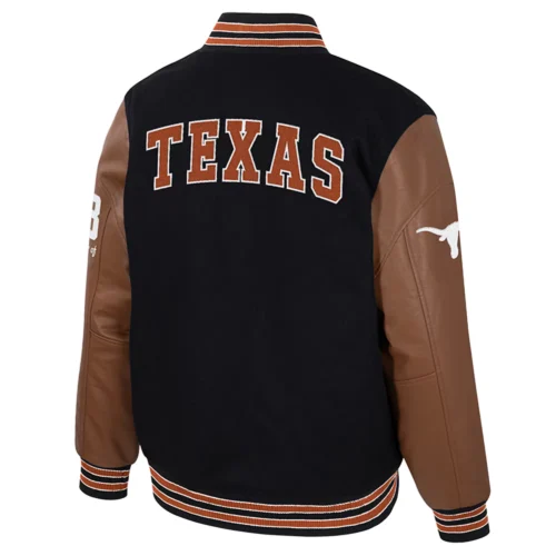 Alternative view of Texas Longhorns Colosseum Letterman Wool & Leather Full-Snap Black/Brown Varsity Jacket
