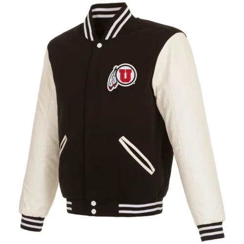 Utah Utes Two Tone Black/White Wool & Leather Varsity Jacket
