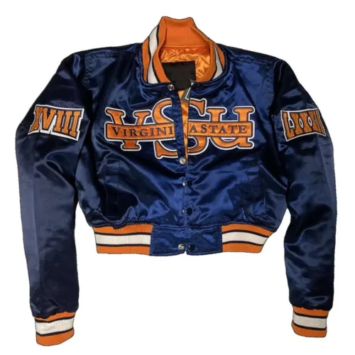Woman's Virginia State Trojans campus Remix Maroon Satin Varsity Jacket