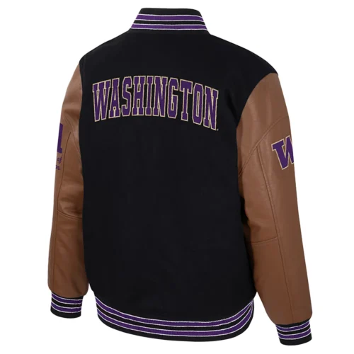 Alternative view of Washington Huskies Colosseum Letterman Wool & Leather Full-Snap Black/Brown Varsity Jacket