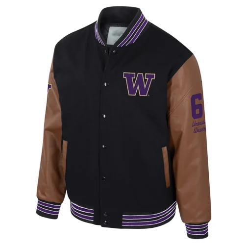 Washington Huskies Colosseum Letterman Wool & Leather Full-Snap Black/Brown Varsity Jacket