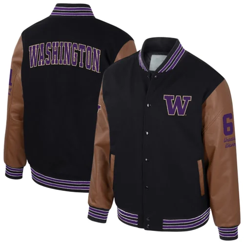 Washington Huskies Colosseum Letterman Wool & Leather Full-Snap Black/Brown Varsity Jacket - Image 3