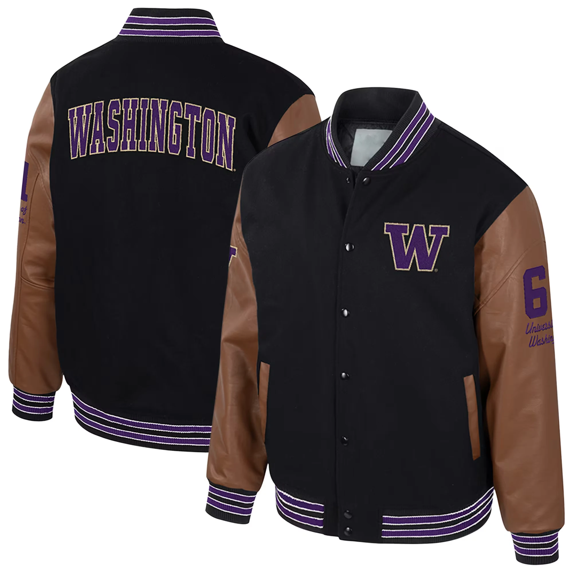 Washington Huskies Colosseum Letterman Wool & Leather Full-Snap Black/Brown Varsity Jacket - Image 3