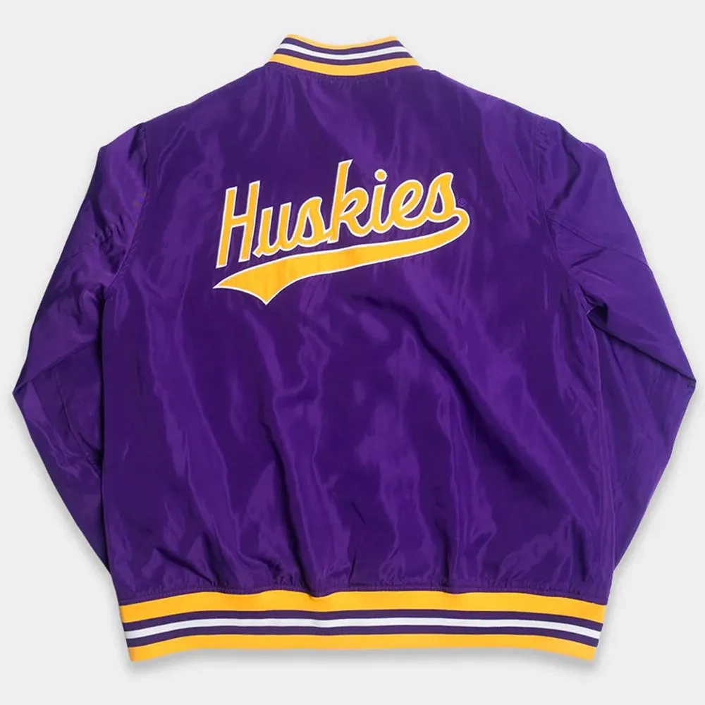 Washington Huskies Script Purple Satin Bomber Varsity Jacket - Image 2