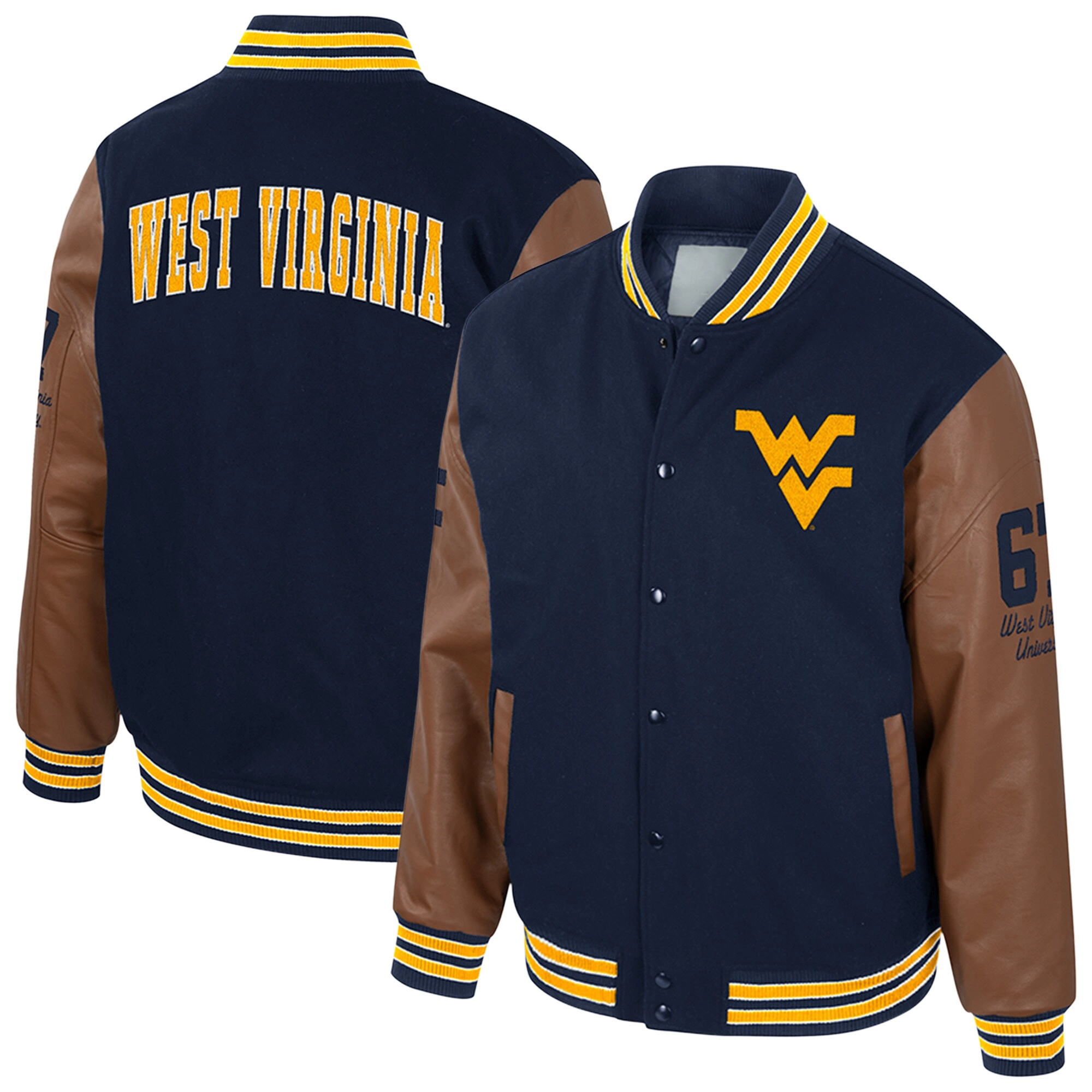 West Virginia Mountaineers Colosseum Letterman Wool & Leather Full-Snap Black/Brown Varsity Jacket - Image 3