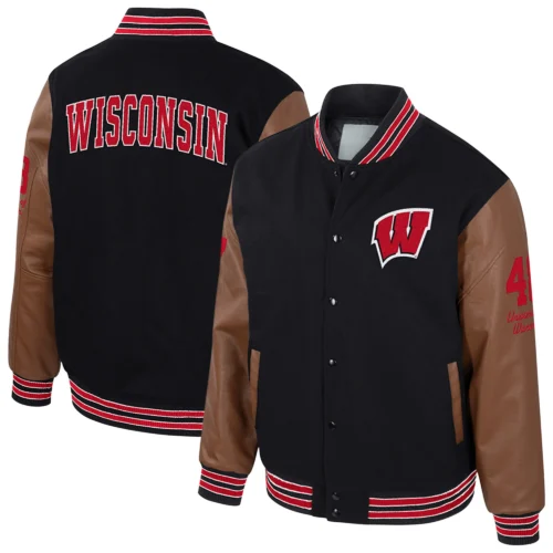 Wisconsin Badgers Colosseum Letterman Wool & Leather Full-Snap Black/Brown Varsity Jacket - Image 3