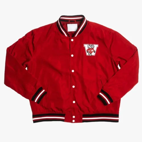 Wisconsin Badgerse Vintage Script Bomber Red Satin Varsity Jacket