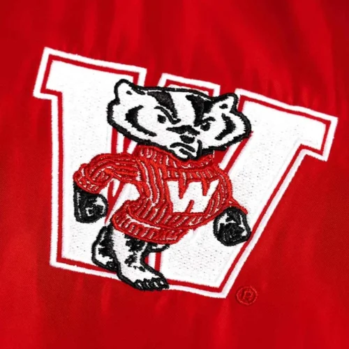 Wisconsin Badgerse Vintage Script Bomber Red Satin Varsity Jacket - Image 3