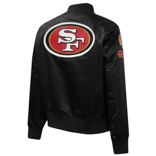 Woman's San Francisco 49ers Classic Black Satin Varsity Jacket - Image 3