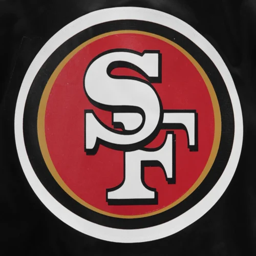 Woman's San Francisco 49ers Classic Black Satin Varsity Jacket - Image 5