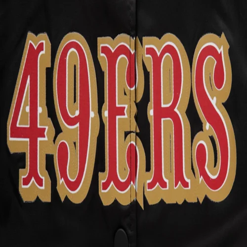 Woman's San Francisco 49ers Classic Black Satin Varsity Jacket - Image 6