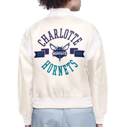 Alternative view of Women's Charlotte Hornets Round Printed Logo Cropped Cream Satin Varsity Jacket