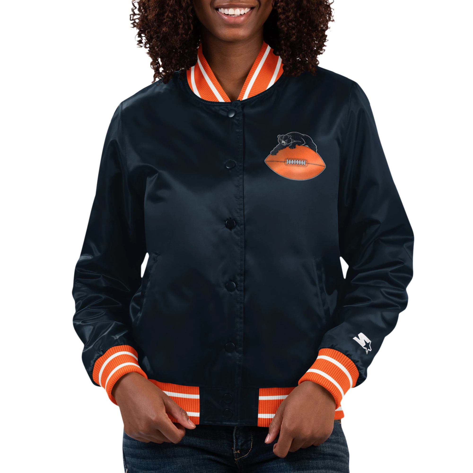 Women's Chicago Bears Full Count Navy Satin Varsity Jacket