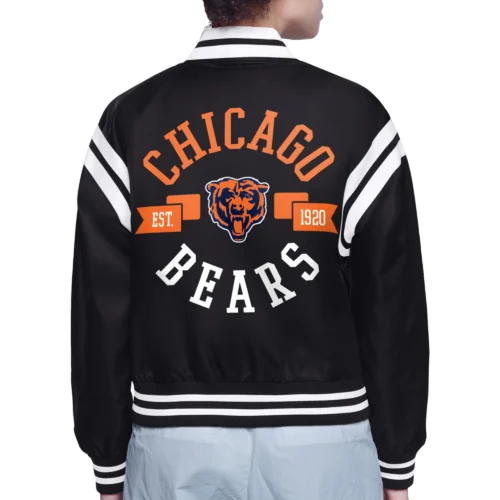 Alternative view of Women's Chicago Bears Round Printed Logo Cropped Black Satin Varsity Jacket