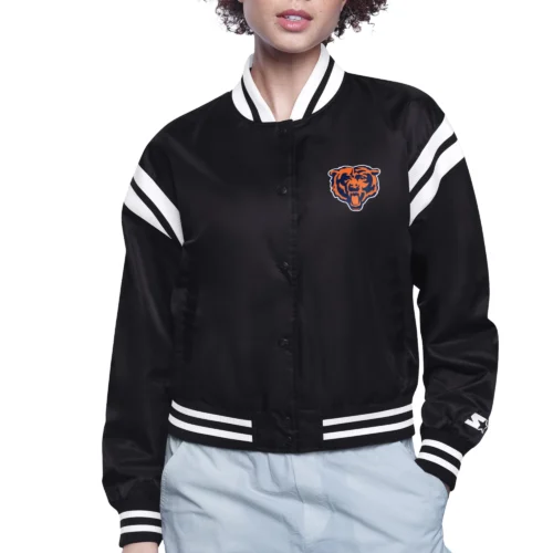 Women's Chicago Bears Round Printed Logo Cropped Black Satin Varsity Jacket
