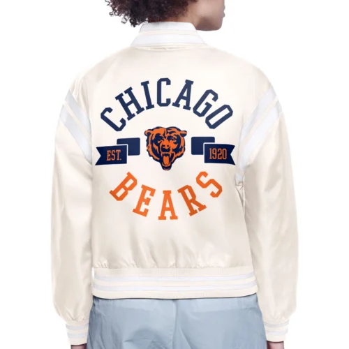 Alternative view of Women's Chicago Bears Round Printed Logo Cropped Cream Satin Varsity Jacket