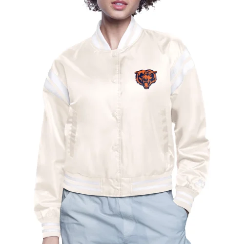 Women's Chicago Bears Round Printed Logo Cropped Cream Satin Varsity Jacket