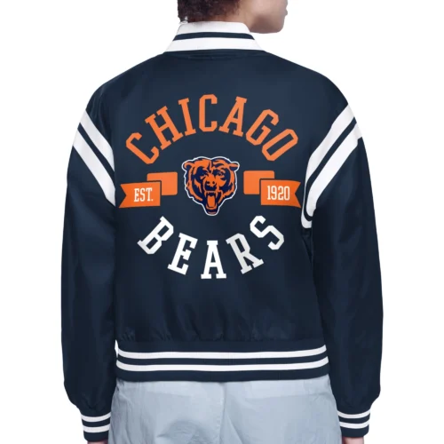 Alternative view of Women's Chicago Bears Round Printed Logo Cropped Navy Satin Varsity Jacket
