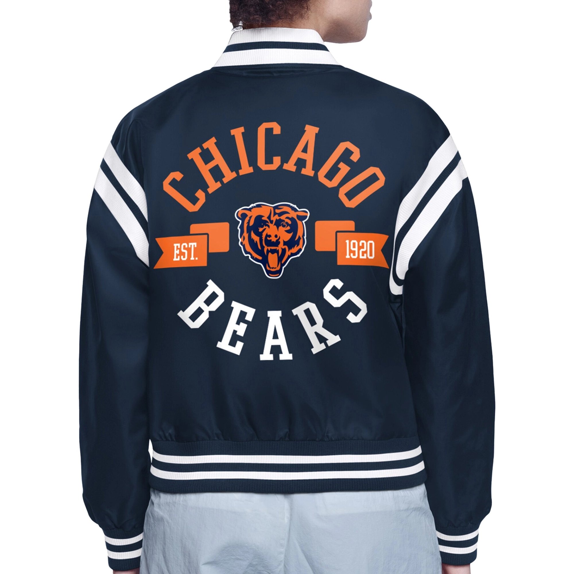 Women's Chicago Bears Round Printed Logo Cropped Navy Satin Varsity Jacket - Image 2