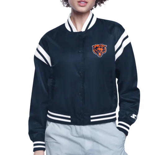 Women's Chicago Bears Round Printed Logo Cropped Navy Satin Varsity Jacket