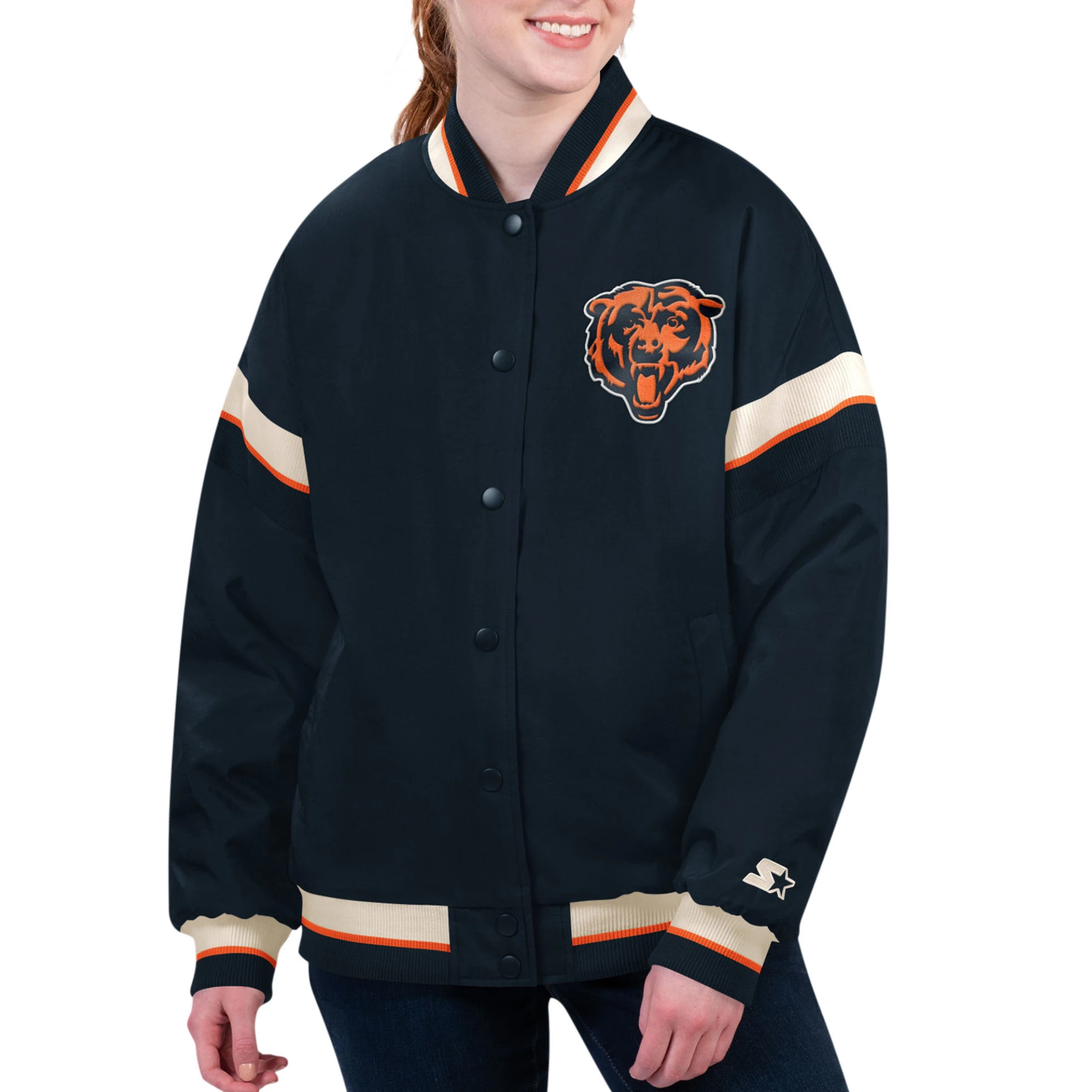 Women's Chicago Bears Tournament Navy Satin Varsity Jacket
