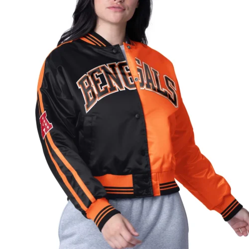 Women's Cincinnati Bengals Zone Blitz Cropped Black/Orange Satin Jacket