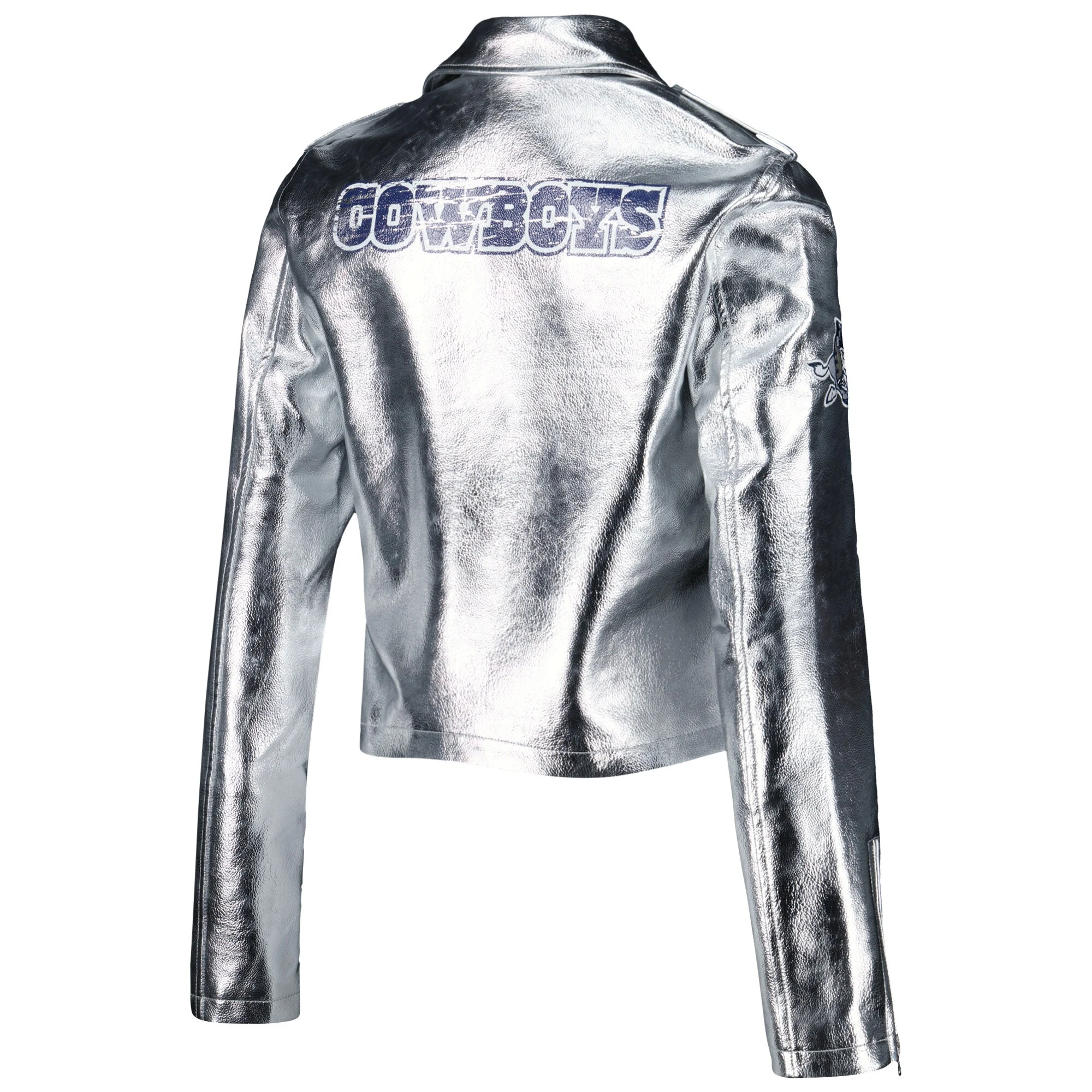 Women’s Dallas Cowboys Moto Full-Zip Silver Leather Jacket - Image 2