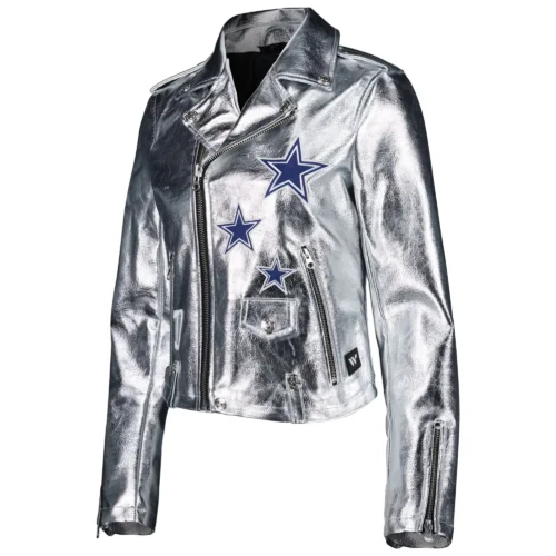 Women’s Dallas Cowboys Moto Full-Zip Silver Leather Jacket