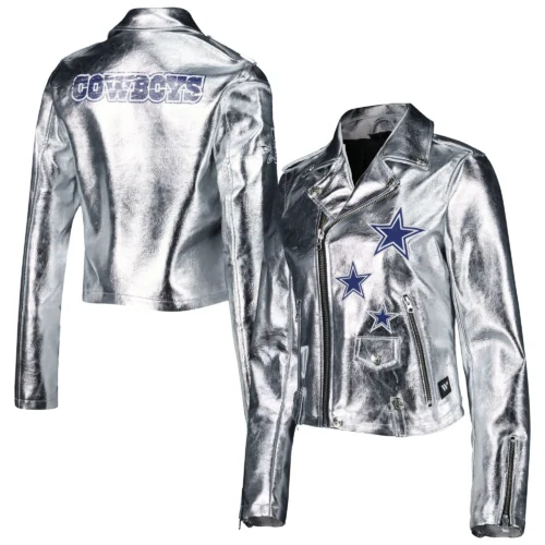Women’s Dallas Cowboys Moto Full-Zip Silver Leather Jacket - Image 4