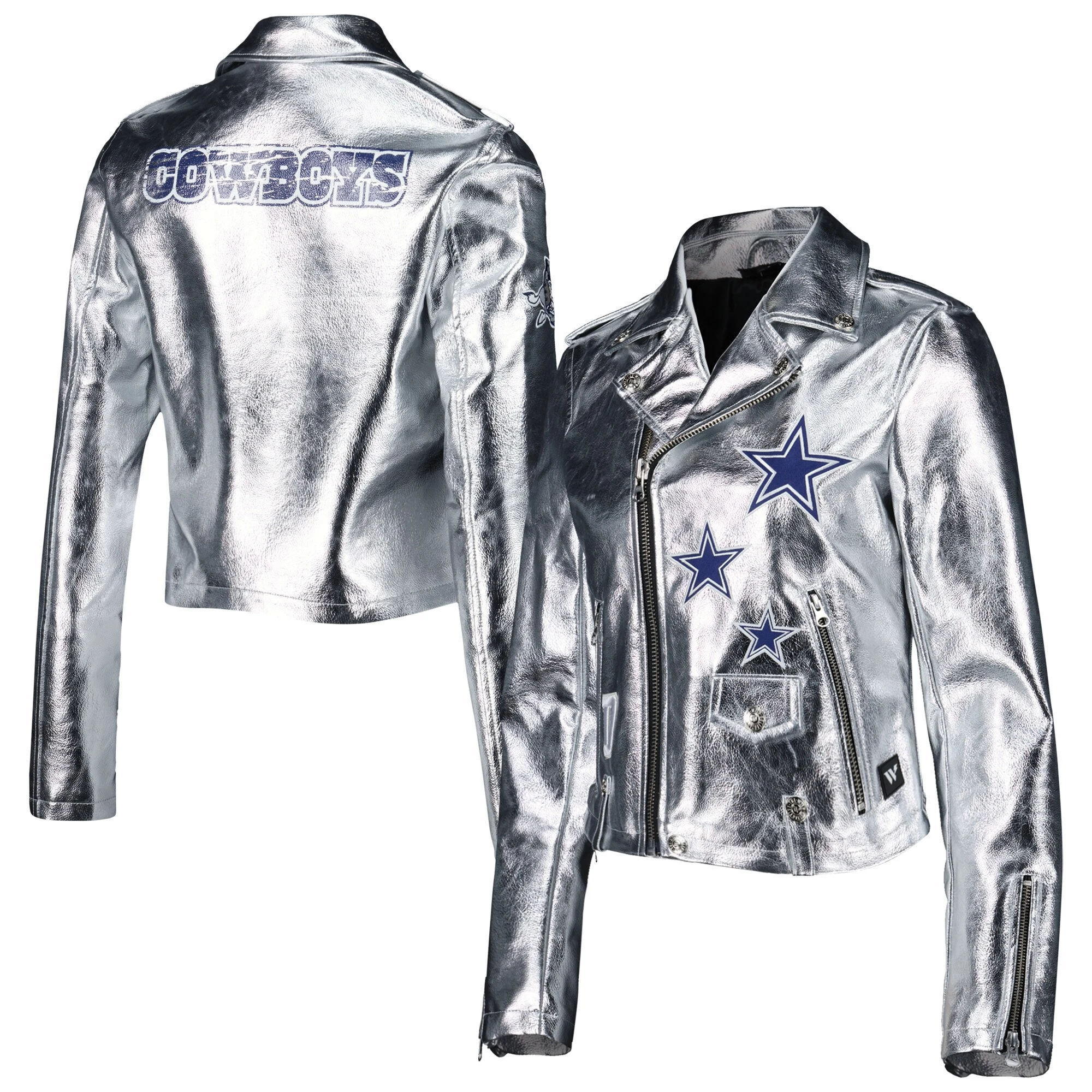 Women’s Dallas Cowboys Moto Full-Zip Silver Leather Jacket - Image 4